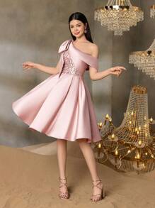 Alisa&Leo Teen Girls' Satin One-Shoulder Graduation Dress With With Sequin Bodice & Bow Detail - A-Line Skirt For School Formal Events, Proms & Summer Galas