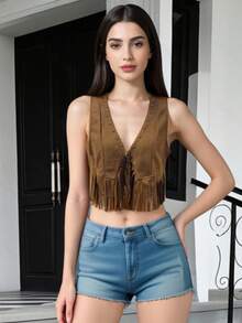 Women's Light Brown Striped Tassel Irregular Jacket, Deep V-Neck Short Top - Light Brown - View 1