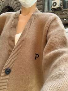 French Fashion Women New Simple Top Cardigan Coat Halloween Fashion Letter Embroidery British-Style Knitted Cardigan For Women Loose And Slouchy Style Sweater Cardigan - Coffee Brown - View 5