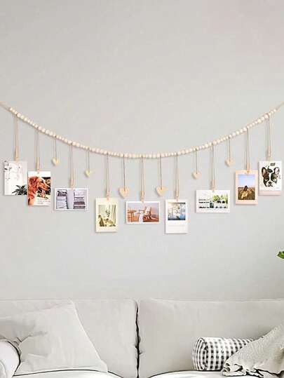 1set Wooden Bead Photo Clip Storage, Photo Display With Wooden Bead String,Hanging Photo Frame Photo Storage Hemp Rope Bead String With Clip, For Home Room Living Room Office Decor, For Christmas Valentine's Day,Storage Decoration Farmhouse Rustic Decoration Hanging Beads Home Decoration