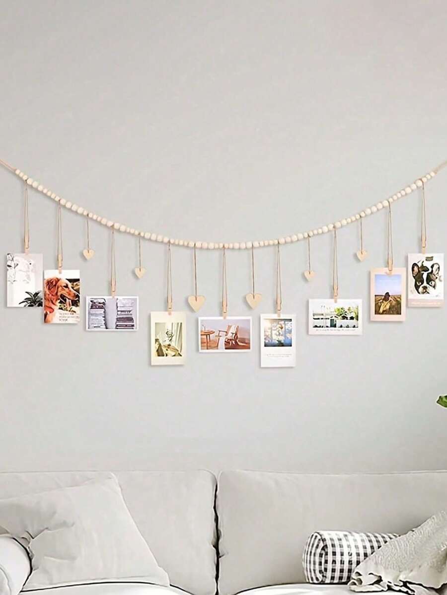 1set Wooden Bead Photo Clip Storage, Photo Display With Wooden Bead String,Hanging Photo Frame Photo Storage Hemp Rope Bead String With Clip, For Home Room Living Room Office Decor, For Christmas Valentine's Day,Storage Decoration Farmhouse Rustic Decoration Hanging Beads Home Decoration
