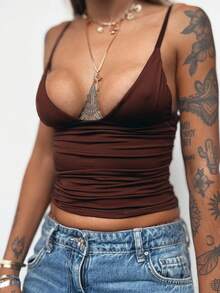 Open Neckline Blouse Simple Knitted Fabric Draped - 鏽棕色 - 查看 2