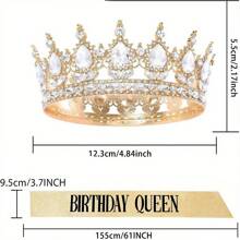 女士优雅水钻生日皇冠和绶带套装 - 闪亮金色头饰配“生日女王”牌匾，非常适合舞会、婚礼和庆典，生日派对配饰 | 闪亮皇冠 | 耐用金属皇冠，生日派对装饰品 - 彩色 - 查看 3