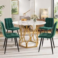 Dining Table Set (5 Pieces), Dining Table Set With 4 Chairs, Kitchen Table Set, Round Dining Table With 100 Cm Diameter And Gold Metal Legs, White MDF Tabletop, Dining Chairs Made Of Dark Green Velvet - Multicolor + MDF - View 1