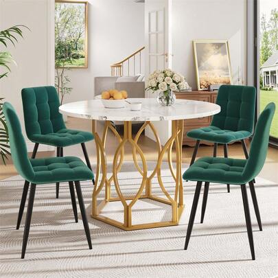 Sairedel Dining Table Set (5 Pieces), Dining Table Set With 4 Chairs, Kitchen Table Set, Round Dining Table With 100 Cm Diameter And Gold Metal Legs, White MDF Tabletop, Dining Chairs Made Of Dark Green Velvet