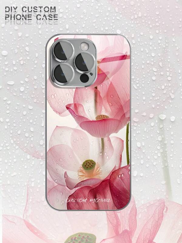 1 pieza Estuche de teléfono de cristal personalizado, Foto y texto de alta definición, Apto para iPhone 16 Pro Max/15 Pro/16/14/13 Pro Max/12 Pro/11/15/13 Pro/12 Pro Max XS Max/7 Plus, Regalo de lujo para parejas, Flor de loto de buena suerte, Cubierta elegante minimalista anti-caída