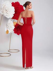 ADYCE 女士优雅无肩带手工镶钻高腰露背系带开衩及地长款礼服，适合晚宴、婚礼宾客、舞会、约会之夜、正式晚宴、生日派对、节日、家庭聚会、新年等各种场合，也适合情人节派对等春季穿着。 - 紅色 - 查看 2