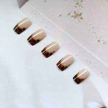 MFrench Tip Pr On Nails Medium Square Fake Nails With Leopard Print Designs Glossy Full Cover Nude Glue On Nails Cheetah Nails Acrylic Stick On Nails For Coquette Women Girls 24 Pcs8001 - 棕色 - 查看 2