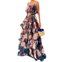 Women's Summer 2 Piece Outfits Floral Print Strap Crop Tops Tiered Ruffle Skirt Sets Maxi Long Dress - 圖片色 - 查看 3