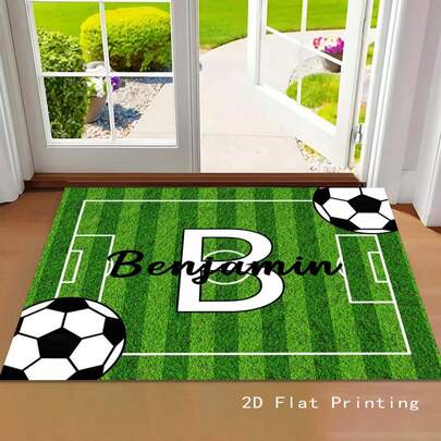 1 pieza Felpudo personalizable con diseño impreso del campo de fútbol verde antideslizante y duradero, tapete de entrada de moda y versátil, adecuado como regalo para amigos fanáticos del fútbol