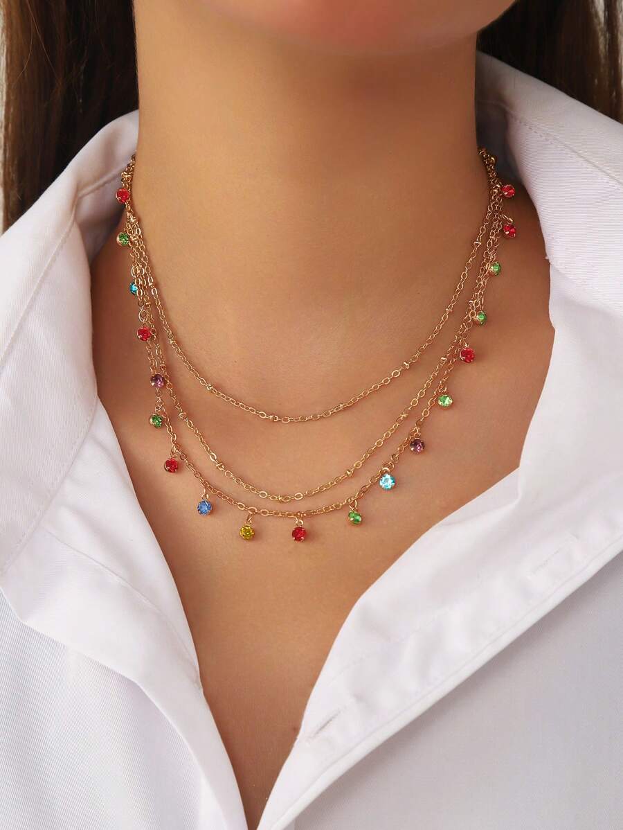 1 件时尚百搭彩色水晶组合多元素链式吊坠项链，适合女士，适合派对、聚会、购物和户外穿着