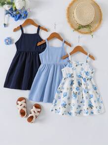 3pcs/Set Baby Girls Floral Print Solid Color Ribbed Button Strap Dress Set