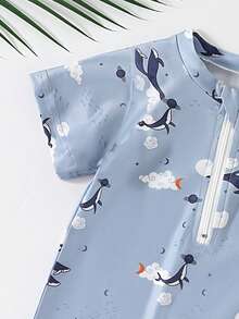 Baby BoyOne-Piece Swimsuit, Quick-Dry Cartoon Animal Print Swimwear, Cute Infant Beachwear - Dusty Blue - View 4