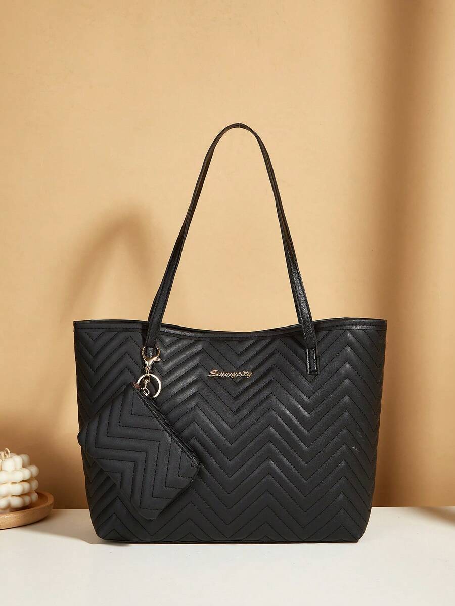 1 Set Black PU Women's Handbag Tote Bag, Multifunctional Shoulder Bag, Versatile For Ladies' Daily Use, Dating, Gifts, With Small Wallet - Black - View 1