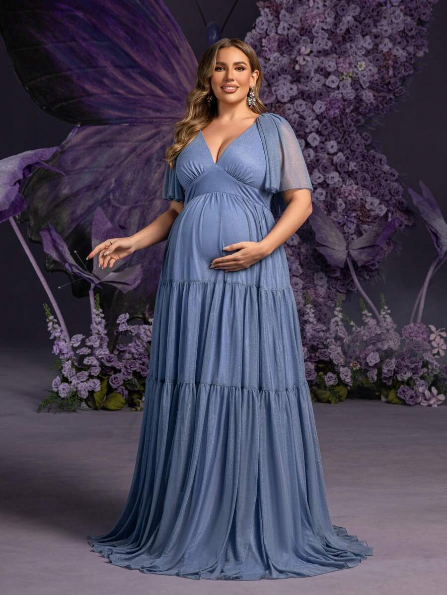 Faeriesty Dressalisa Chic Plus 孕妇 V 领蝴蝶袖长裙 - 飘逸荷叶边设计，适合婚礼、迎婴派对、正式活动、孕妇摄影