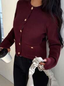 DEEKA Spring & Autumn New Casual Fashion Minimalist Gold Button Knitted Cardigan Sweater - Burgundy - View 4