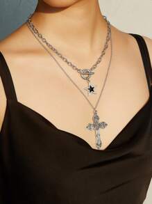 Set da 3 collane in stile bohémien con perle finte nere a forma di croce/pentagramma, con cristalli e perline, include collane a forma di stella, cuore e motivi gotici, adatto a amiche, sorelle, donne, per uso quotidiano