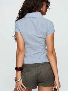Women's Y2K Plaid Shirt Button-Up Short Sleeve Collared Slim Fit Casual Summer Blouse Tops - 薄荷藍 - 查看 6