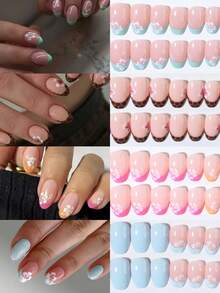 96片花朵美甲贴纸，4种混合图案，短椭圆形芙蓉花美甲贴纸，法式亚克力按压式美甲贴片，包含1瓶果冻胶和1把指甲锉。易于佩戴，适合夏季美甲、法式美甲、女士日常美甲、派对美甲用品。 - 彩色 - 查看 3