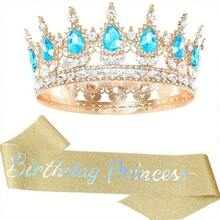Perlengkapan Pesta Ulang Tahun Bling Rhinestones Mahkota Tiara Emas Selempang Putri Ulang Tahun untuk Wanita Aksesori Rambut Selamat Ulang Tahun Hadiah Prom Dekorasi - MultiWarna - View 9