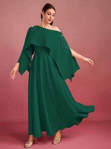 Women's Solid Color Long Elegant Dress With Studded Cape Shoulder, Open Shoulder - Dark Green - View 4