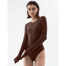 PUMIEY Women's Crew Neck Long Sleeve Bodysuit Secondskin Feel Tops Smoke Cloud Collection - 06Tiramisu - View 3