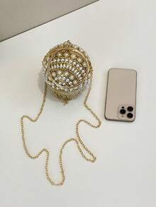 球形珍珠拼色流苏包，圆形手柄手拿包，斜挎链条包，适合晚会、宴会、晚礼服、口红、零钱包 - 金色 - 查看 7