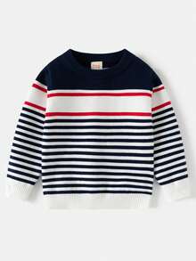 Young Boy Pullover Sweater, New Autumn/Winter Striped Korean Style Base Layer - Navy Blue - View 1