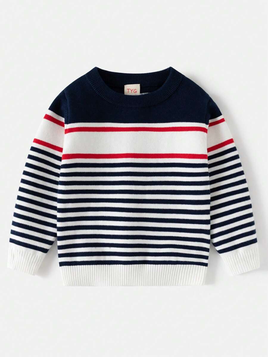 Young Boy Pullover Sweater, New Autumn/Winter Striped Korean Style Base Layer - Navy Blue - View 1