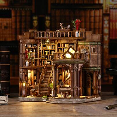 Kit Rak Buku Puzzle 3D, Model Bangunan Rumah Miniatur DIY, Dekorasi Kerajinan Kayu, Hadiah Natal & Ulang Tahun