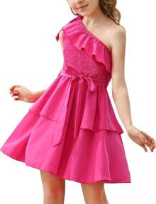 Danna Belle Girls Dress Tween One Shoulder Ruffle Tiered Layer Summer Party Dress Clothes Gifts Size 5-14 - 玫紅色 - 查看 1
