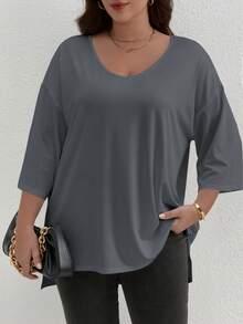 1pc High Low Elegant V-Neck Loose Stretchy Top, Machine Washable For Summer - Dark Grey - View 2