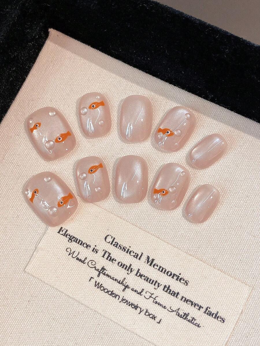 10片手工制作的按压式美甲贴片，夏季清凉水滴泡泡美甲，可爱短款美甲贴片，粉色玻璃珠猫眼，指尖可爱小鱼，神秘梦幻的海洋蓝，欢乐美甲贴纸，美甲疗愈，可重复使用的手工按压式美甲贴片 - 彩色 - 查看 1