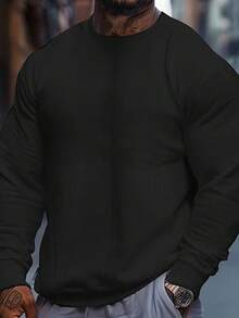 Sudadera de cuello redondo casual y holgada de unicolor para hombre GRDR | Atuendo de capas | Adecuado para uso diario ligero, otoño/invierno - Negro - Ver 6
