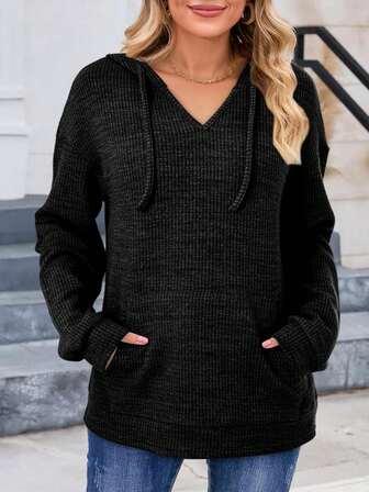 女式纯色针织休闲连帽V领宽松长袖上衣，百搭秋冬装