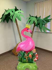 kumozawa 1pc 155.45cm Large Flamingo Aluminum Foil Balloon With Tropical Jungle Base - Vibrant Pink Flamingo & Green Foliage Design, Ideal For Hawaiian Luau, Birthday Parties, And Summer Celebrations, Flamingo Decor