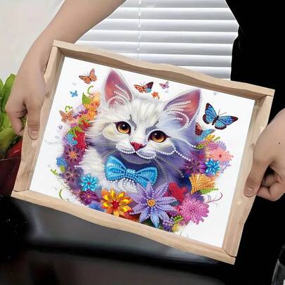 طقم مجموعة رسم الماس DIY مع صينية ،تصميم فراشة ووشوشة فاخرة - أحجار ماس أكريليك بشكل غير متناظر ،صينية خشبية بموضوع كرتوني، مناسب لاستخدام العائلة ،ديكور الإفطار، القهوة، الشاي، التخزين، الحفلات، وديكور المنزل