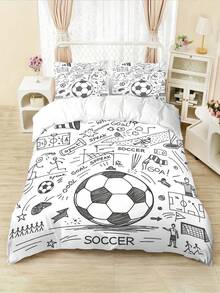 Conjunto de cama com 4 peças de estampa de futebol em preto e branco, estilo desenho animado, inclui 1 capa de edredom + 2 fronhas + 1 lençol, adequado para quarto, hotel, escola, apartamento