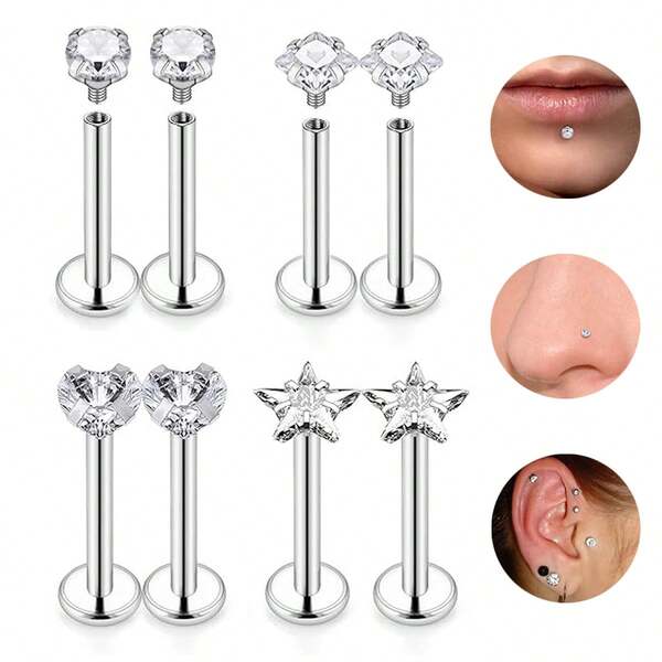 8Pcs Love/Star/Square/Round Shape Clear CZ Labret Lip Rings Nose Rings Studs Stainless Steel Helix Conch Cartilage Earrings Piercing Jewelry For Women Men