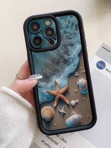 1pc Starfish & Shell Pattern Protective Phone Case With Precise Hole Design, Anti-Fall Thick Black Phone Case Compatible With IPhone 11 Pro Max, 12 Pro Max, 13 Pro Max, 14 Pro Max, 15 Pro Max, 16 Plus, 16 Pro Max, 16E, Galaxy A55, Galaxy A15, Galaxy S24 Ultra, Redmi, OPPO, Realme, VIVO, Infinix, Honor, MOTO, One Plus - Black - View 6
