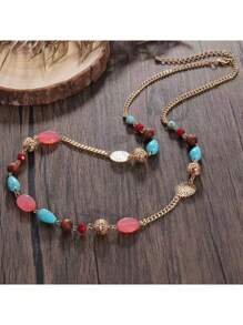 [Crystal Faux Turquoise Boho Necklace] Crystal Natural Wooden Beads Faux Turquoise Decor Necklace Boho Vintage Necklace Jewelry