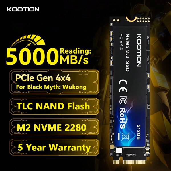 KOOTION KOOTION 2TB 1TB 512 GB NVMe M.2 SSD, PCIe 4.0 M.2 2280 Internal Solid State Drive,Up To 5000MB/S, Laptop & Desktop (PC) Compatible,Gaming Expansion SSD, Black