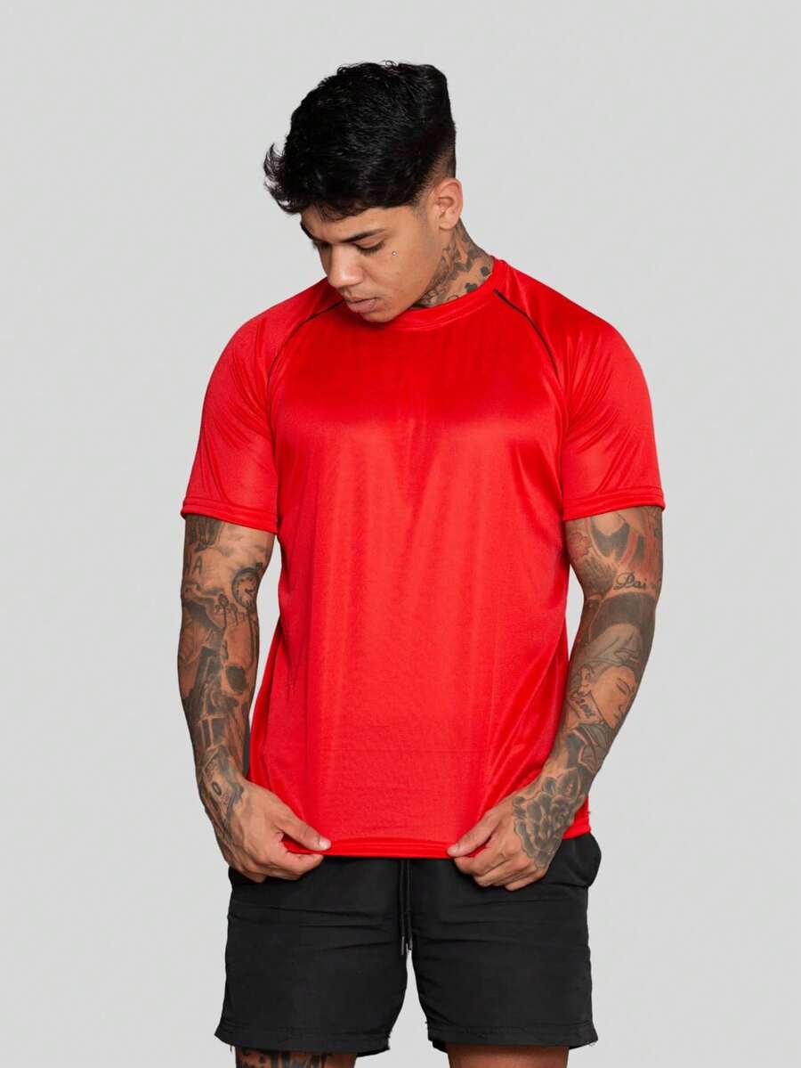 Men's Dry Fit Short Sleeve Sports Shirt, Polyester With Elastane, Training Gym - Red - View 1