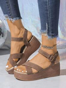 Giày sandal đế xuồng kiểu đan chéo thời trang, đế dày, gót đế xuồng, nhẹ, gót cao gợi cảm, cỡ lớn, thoải mái, thích hợp cho kỳ nghỉ, đi biển, hở mũi, gót siêu cao, sandal đế dày, giày cho mẹ, sandal thường ngày cho mùa hè - Màu Khaki - Xem 6