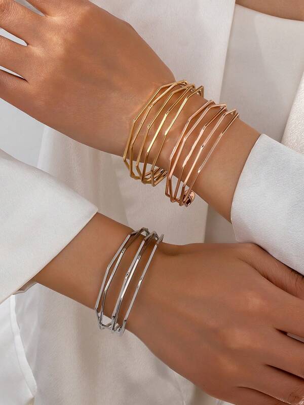 1pc European & American Cross-Border Popular Minimalist 5 Layer Asymmetrical Polygon Golden Color Bracelet