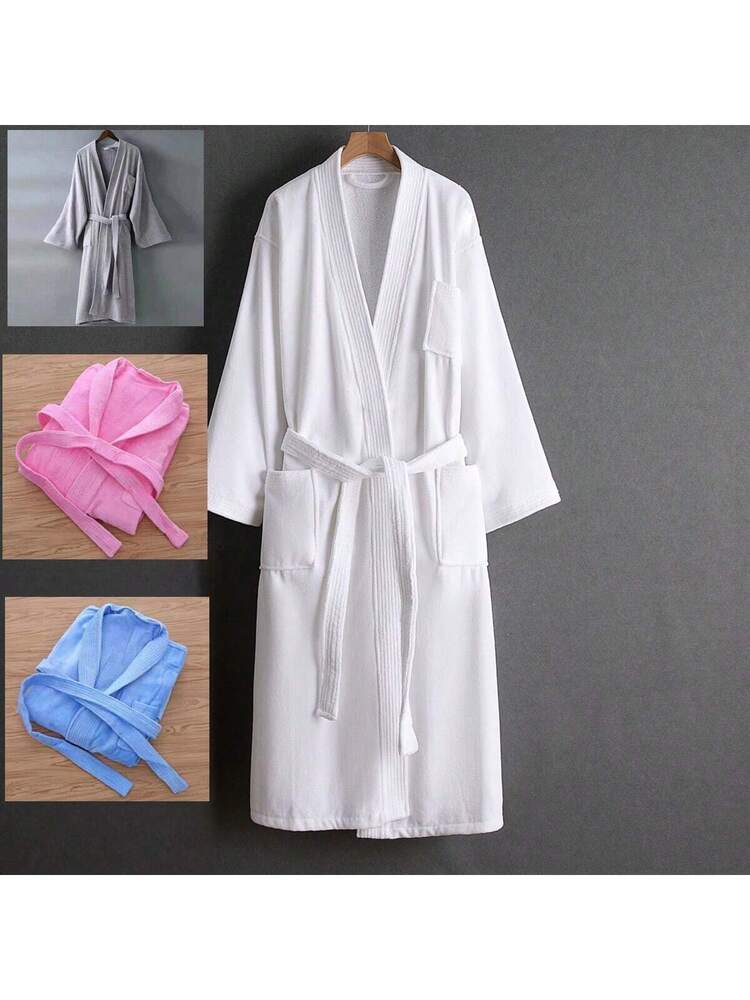 1pc Terry Velour Plain Collar Robe, Bathrobe, Loungewear, Home Wear, Soft, Absorbent, For Bathroom, Bedroom, Swimming Pool Back To School