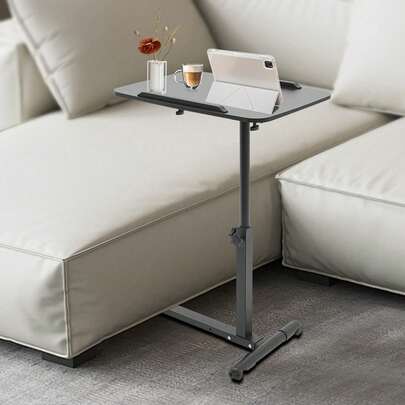 Adjustable Mobile Laptop Table With Wheels For Home And Hospital Use, Modern Black MDF Bedside Desk With Height Customization And Spacious Surface