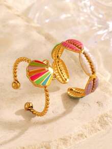 2 件套不锈钢彩色珐琅纹理鱼骨开口戒指套装，适合日常沙滩佩戴 - 彩色 - 查看 4