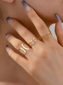 1 Set Minimalist Stylish Versatile Exaggerated Asymmetrical Design Rings And Earrings Suit, Suitable For Vacation And Daily Wear - Geometric Set - View 11