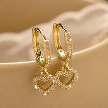2pcs Vintage Heart Zirconia 16K Gold Hoop Earrings, Minimalist Sexy Style Pendant